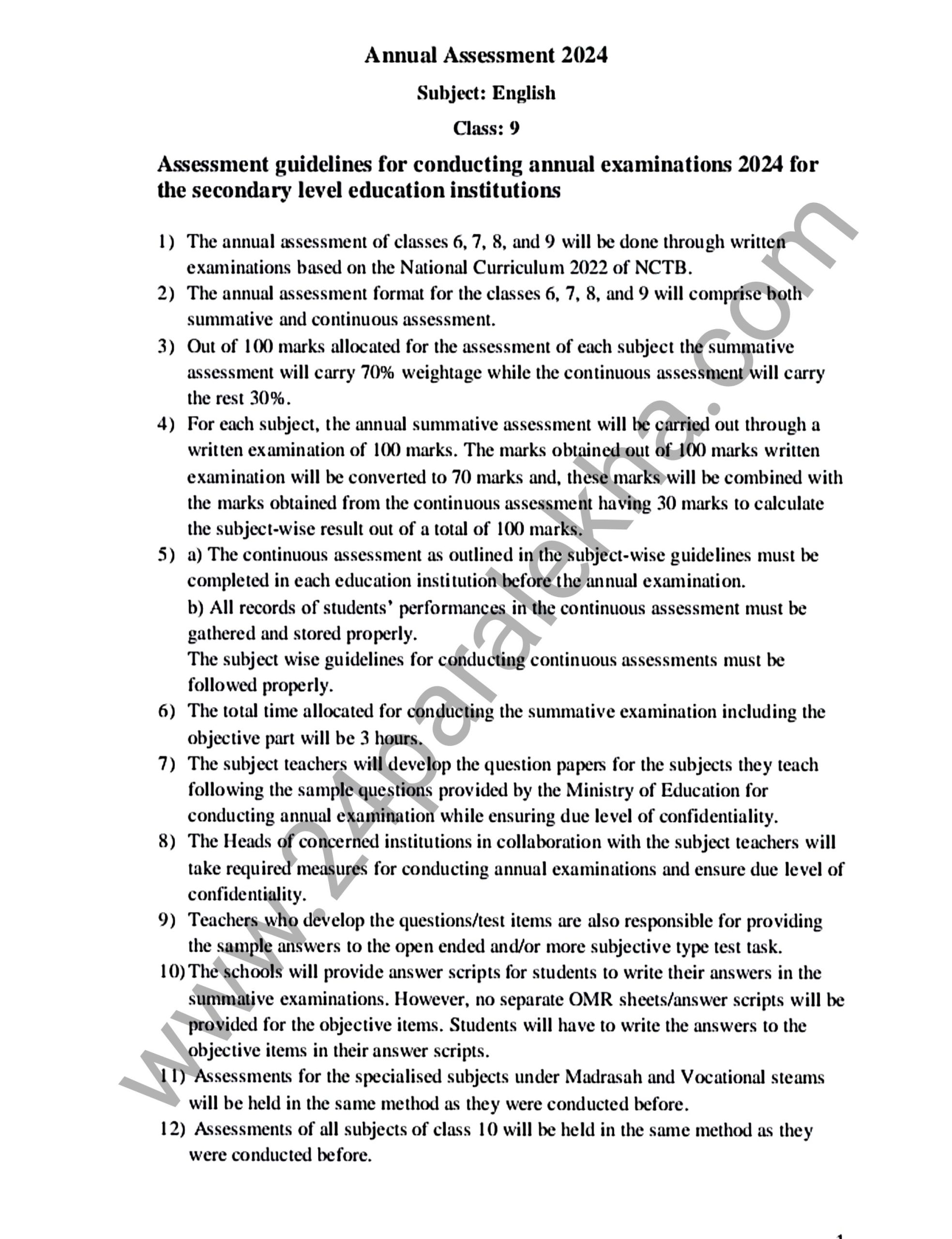 English class 9.Final Examination. Marks Distribution.